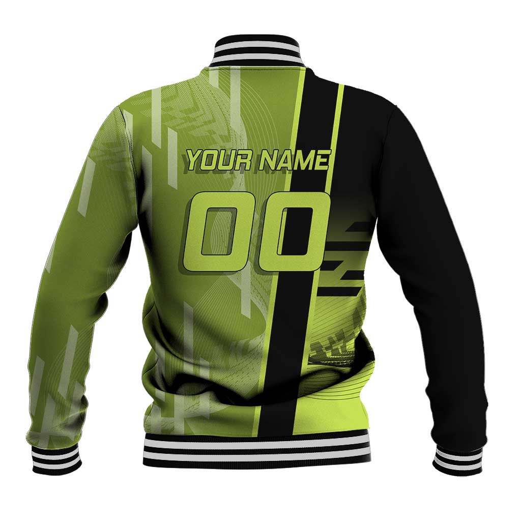 Personalized Gyomei Himejima Demon Slayer Badminton Baseball Jacket with Racket Action Pose and Green Black Graphic Design - The Mazicc