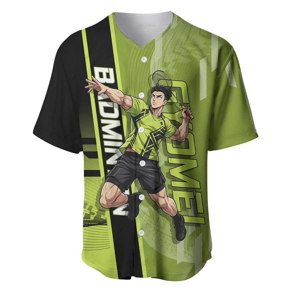 Personalized Gyomei Himejima Demon Slayer Badminton Baseball Jersey with Racket Action Pose and Green Black Graphic Design - The Mazicc