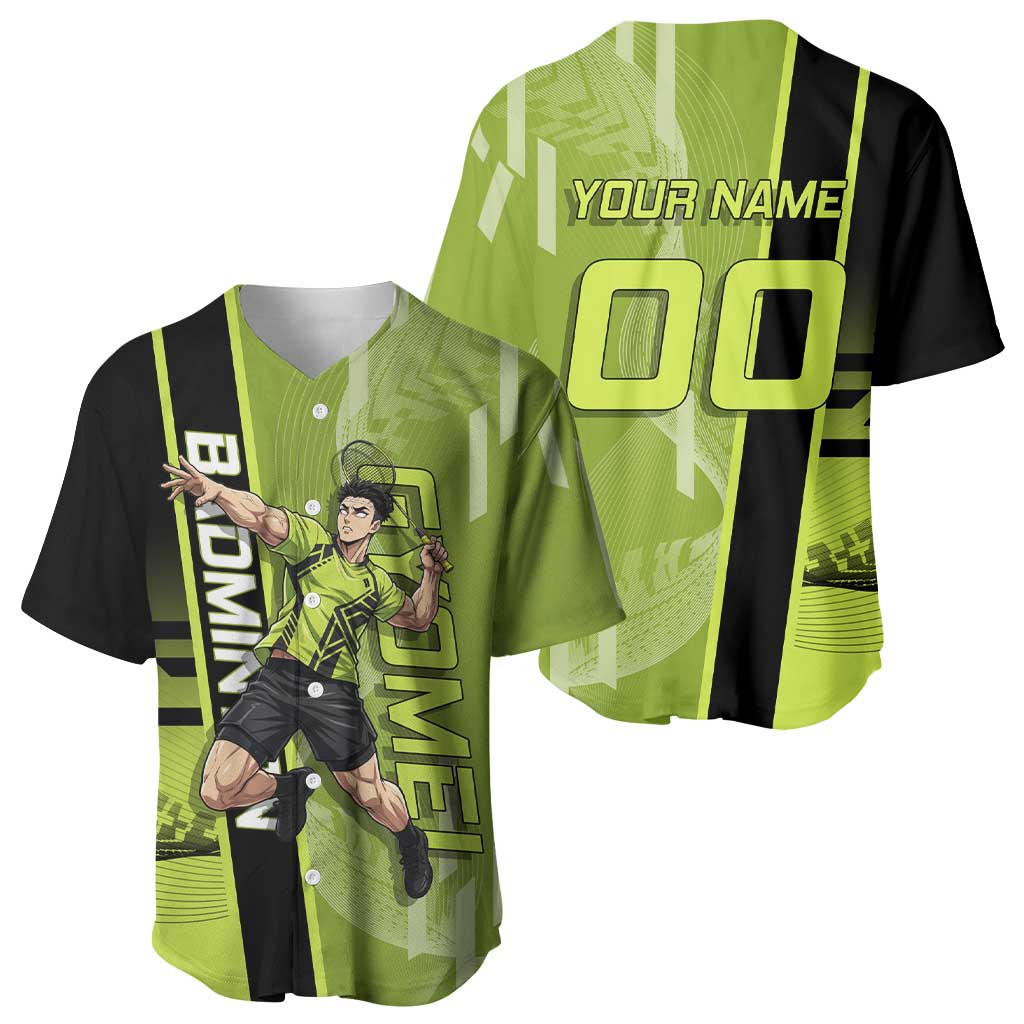 Personalized Gyomei Himejima Demon Slayer Badminton Baseball Jersey with Racket Action Pose and Green Black Graphic Design - The Mazicc