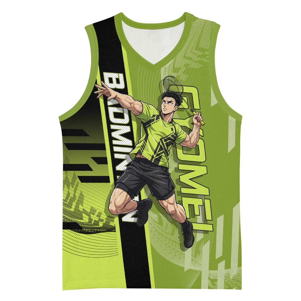 Personalized Gyomei Himejima Demon Slayer Badminton Basketball Jersey with Racket Action Pose and Green Black Graphic Design - The Mazicc