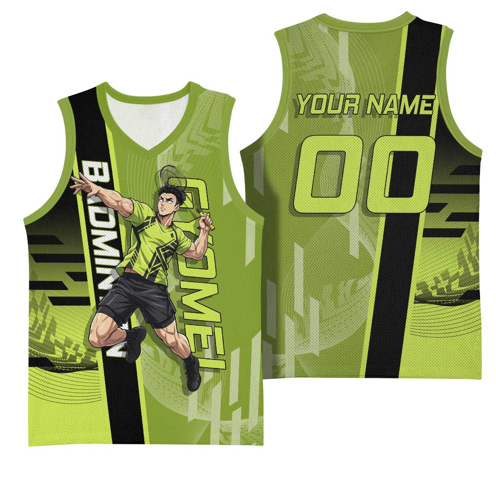 Personalized Gyomei Himejima Demon Slayer Badminton Basketball Jersey with Racket Action Pose and Green Black Graphic Design - The Mazicc
