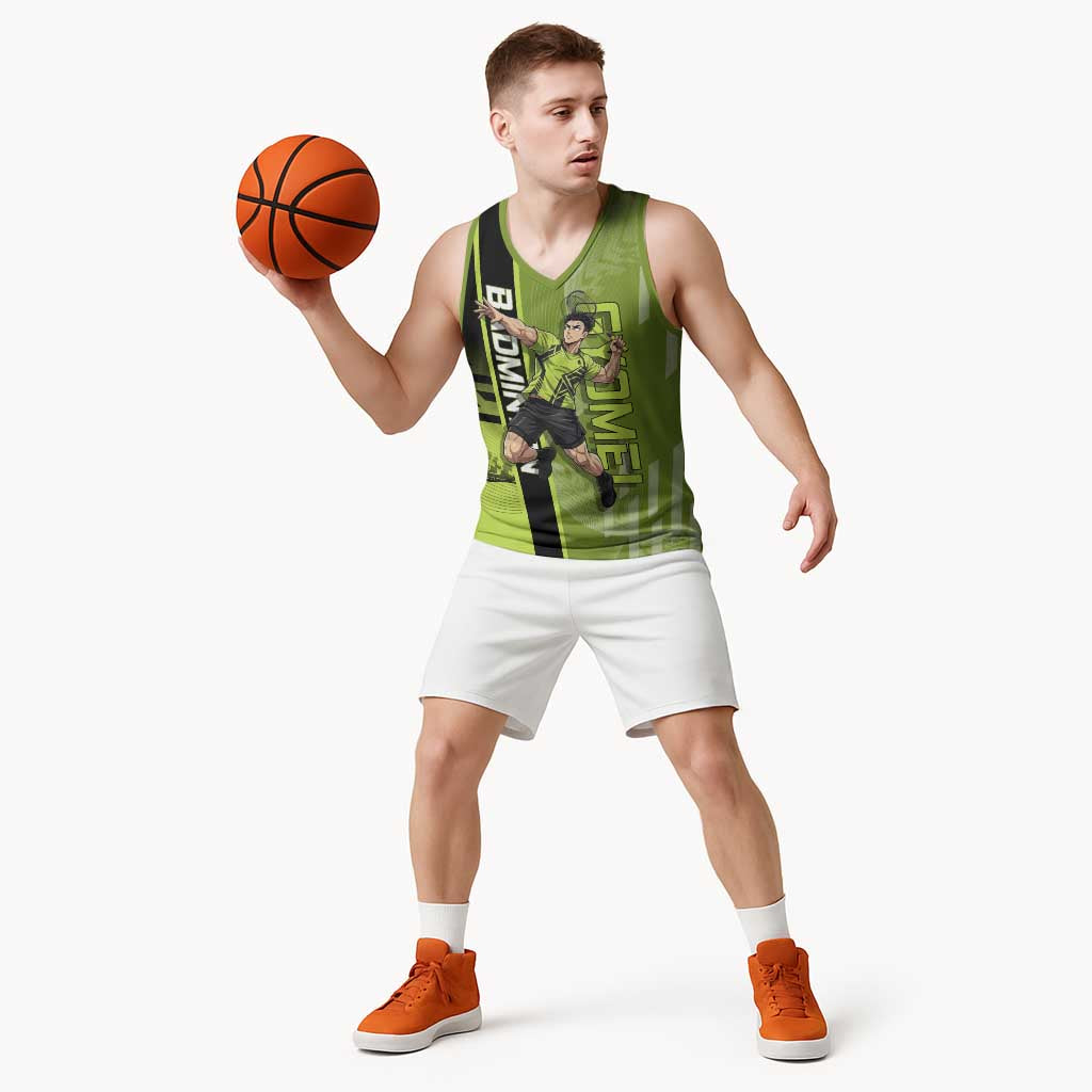 Personalized Gyomei Himejima Demon Slayer Badminton Basketball Jersey with Racket Action Pose and Green Black Graphic Design - The Mazicc