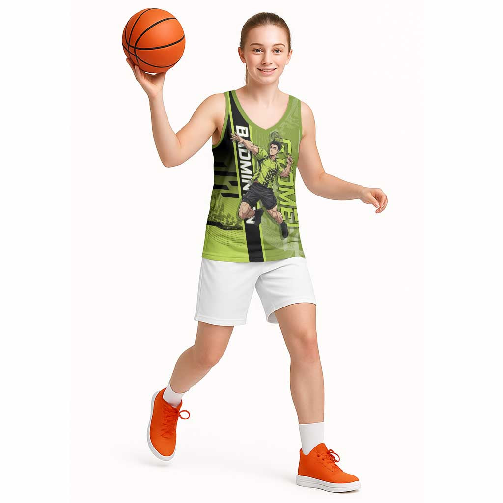 Personalized Gyomei Himejima Demon Slayer Badminton Basketball Jersey with Racket Action Pose and Green Black Graphic Design - The Mazicc