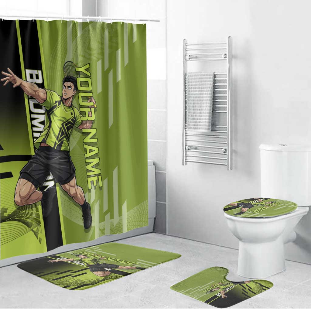 Personalized Gyomei Himejima Demon Slayer Badminton Bathroom Set with Racket Action Pose and Green Black Graphic Design - The Mazicc