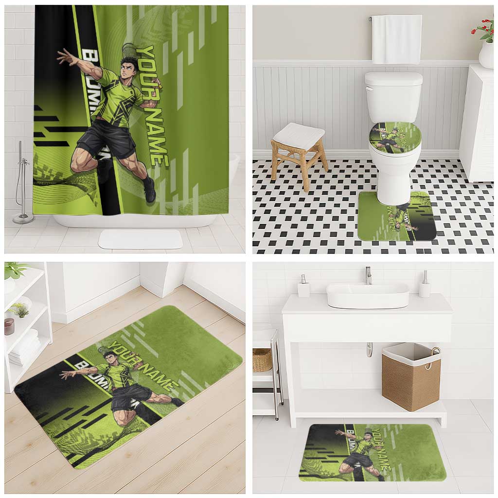 Personalized Gyomei Himejima Demon Slayer Badminton Bathroom Set with Racket Action Pose and Green Black Graphic Design - The Mazicc