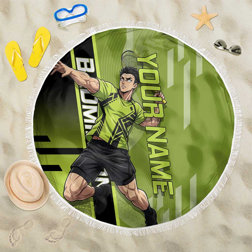 Personalized Gyomei Himejima Demon Slayer Badminton Beach Blanket with Racket Action Pose and Green Black Graphic Design - The Mazicc