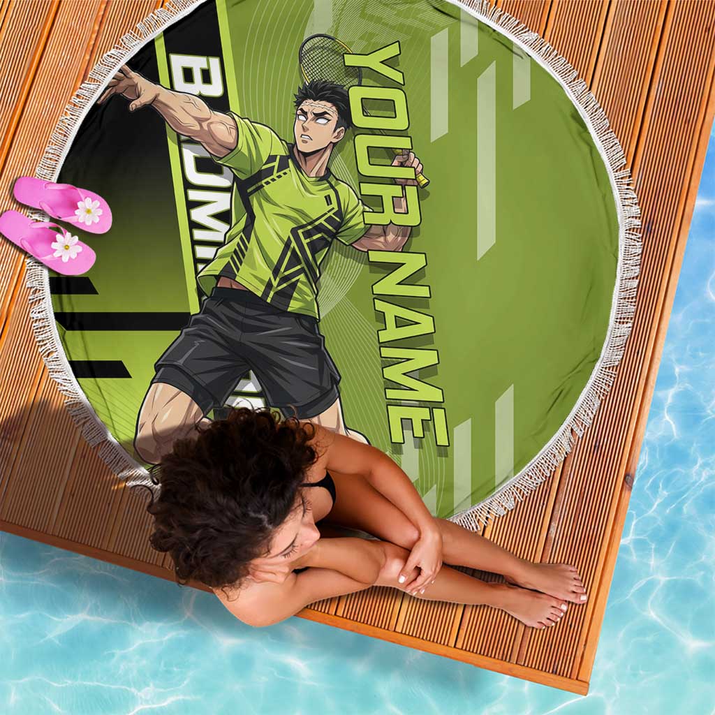 Personalized Gyomei Himejima Demon Slayer Badminton Beach Blanket with Racket Action Pose and Green Black Graphic Design - The Mazicc