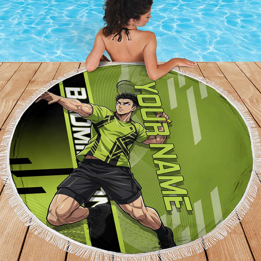 Personalized Gyomei Himejima Demon Slayer Badminton Beach Blanket with Racket Action Pose and Green Black Graphic Design - The Mazicc