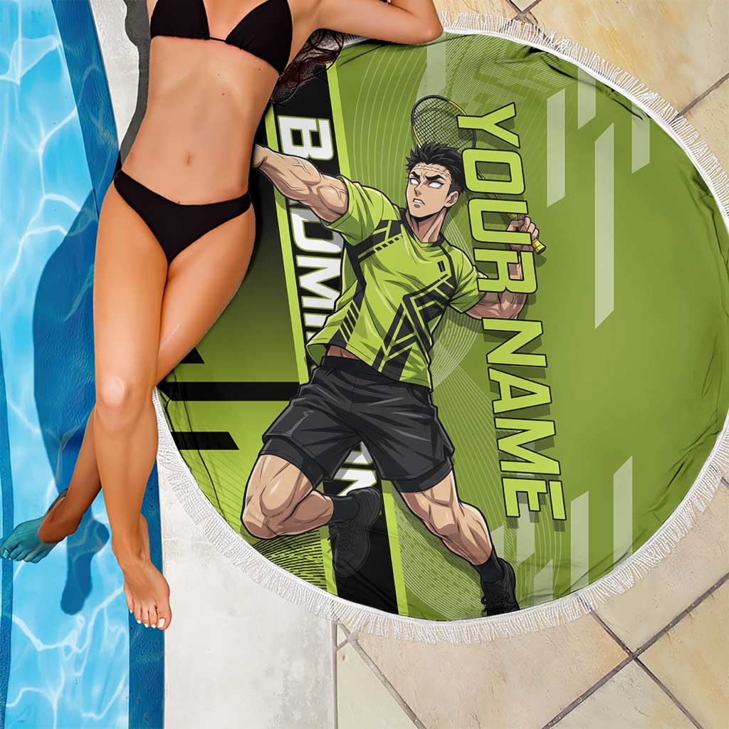 Personalized Gyomei Himejima Demon Slayer Badminton Beach Blanket with Racket Action Pose and Green Black Graphic Design - The Mazicc