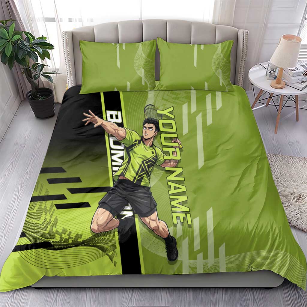 Personalized Gyomei Himejima Demon Slayer Badminton Bedding Set with Racket Action Pose and Green Black Graphic Design - The Mazicc