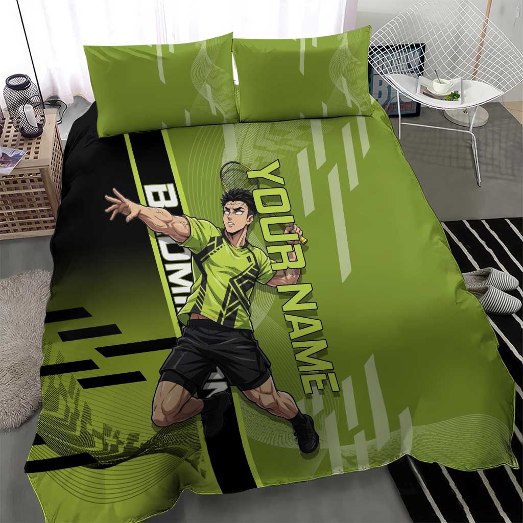 Personalized Gyomei Himejima Demon Slayer Badminton Bedding Set with Racket Action Pose and Green Black Graphic Design - The Mazicc
