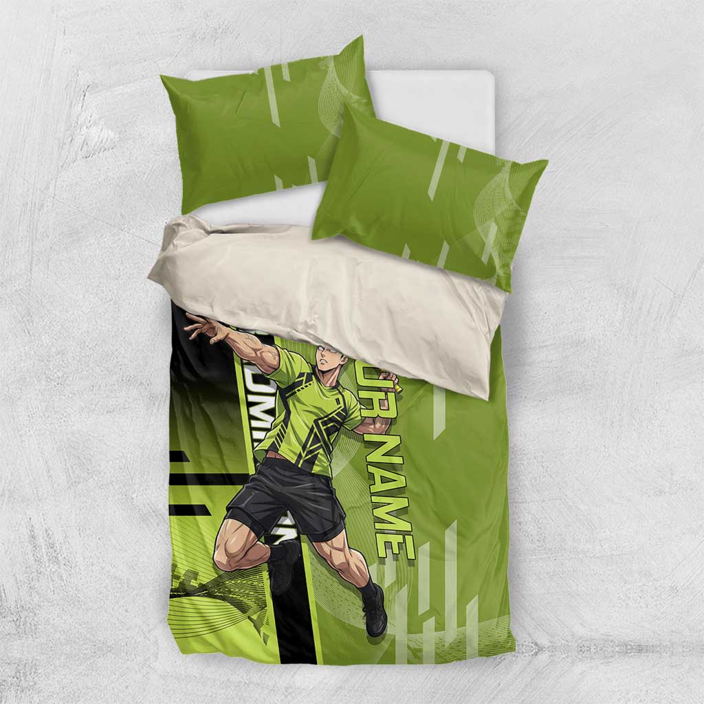 Personalized Gyomei Himejima Demon Slayer Badminton Bedding Set with Racket Action Pose and Green Black Graphic Design - The Mazicc