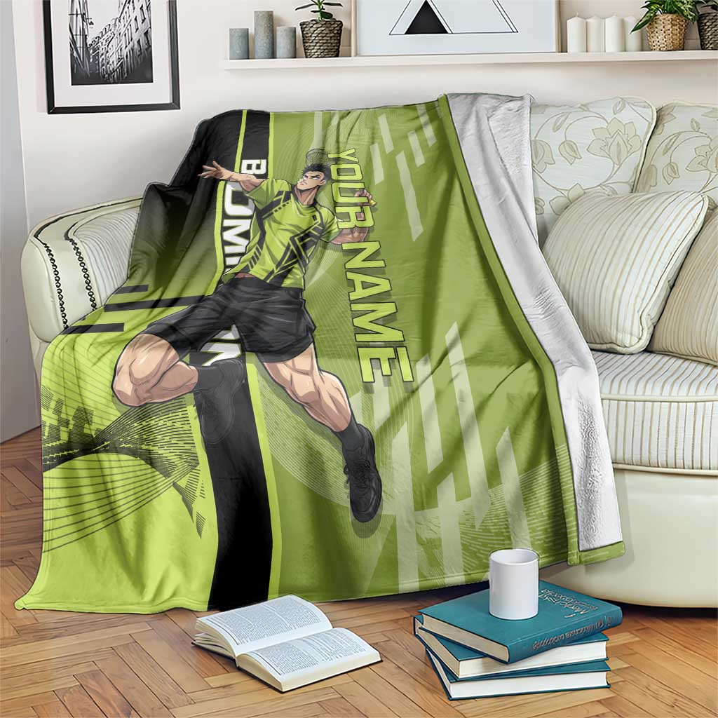 Personalized Gyomei Himejima Demon Slayer Badminton Blanket with Racket Action Pose and Green Black Graphic Design - The Mazicc