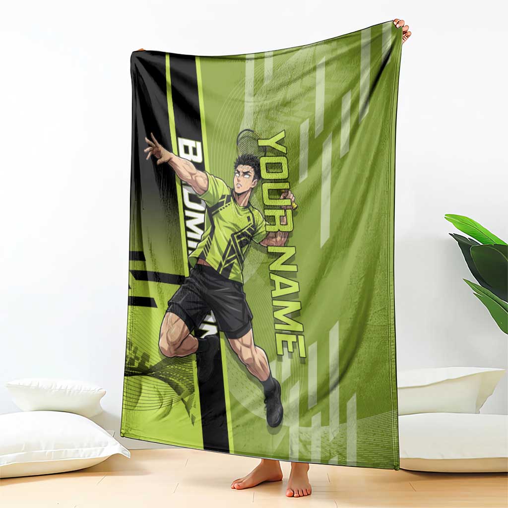 Personalized Gyomei Himejima Demon Slayer Badminton Blanket with Racket Action Pose and Green Black Graphic Design - The Mazicc