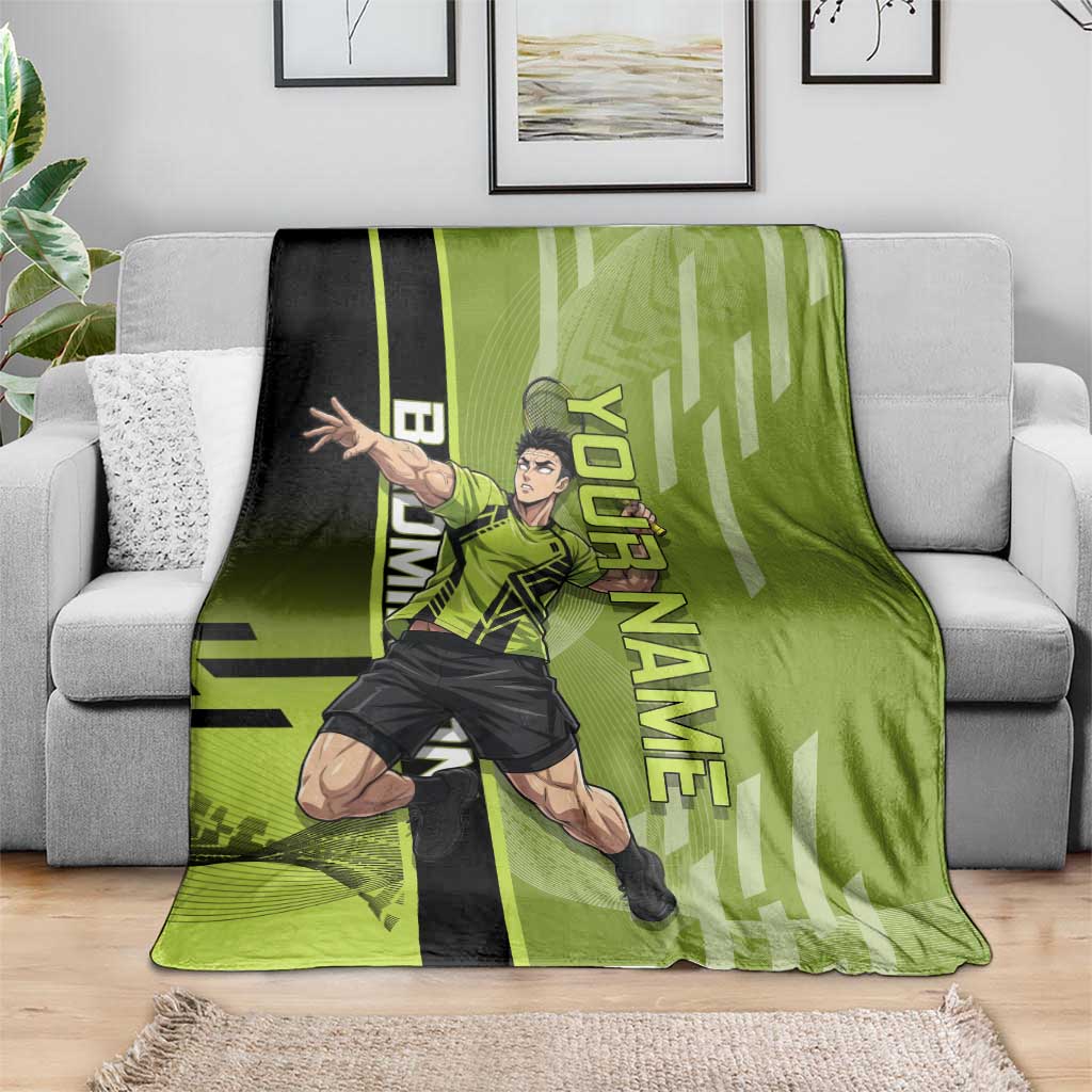 Personalized Gyomei Himejima Demon Slayer Badminton Blanket with Racket Action Pose and Green Black Graphic Design - The Mazicc