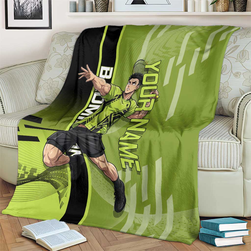 Personalized Gyomei Himejima Demon Slayer Badminton Blanket with Racket Action Pose and Green Black Graphic Design - The Mazicc