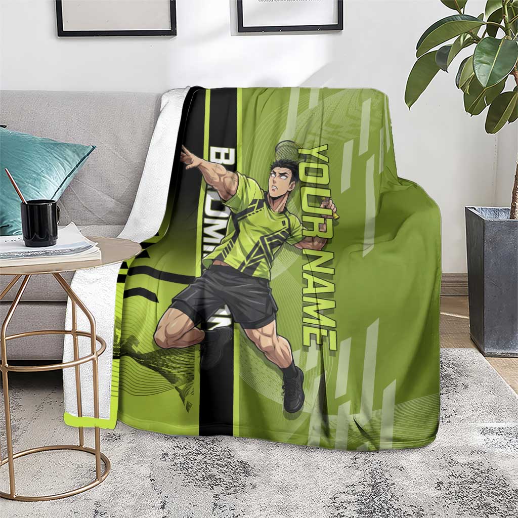Personalized Gyomei Himejima Demon Slayer Badminton Blanket with Racket Action Pose and Green Black Graphic Design - The Mazicc