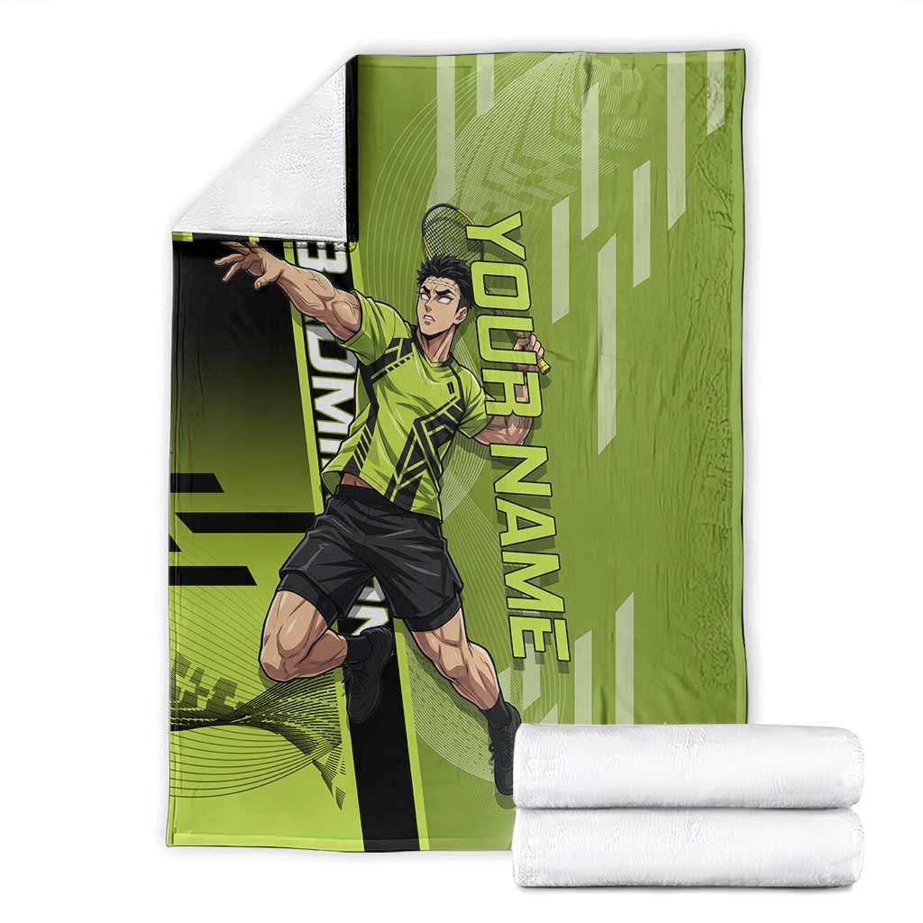 Personalized Gyomei Himejima Demon Slayer Badminton Blanket with Racket Action Pose and Green Black Graphic Design - The Mazicc
