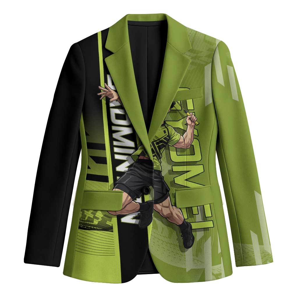 Personalized Gyomei Himejima Demon Slayer Badminton Blazer with Racket Action Pose and Green Black Graphic Design - The Mazicc