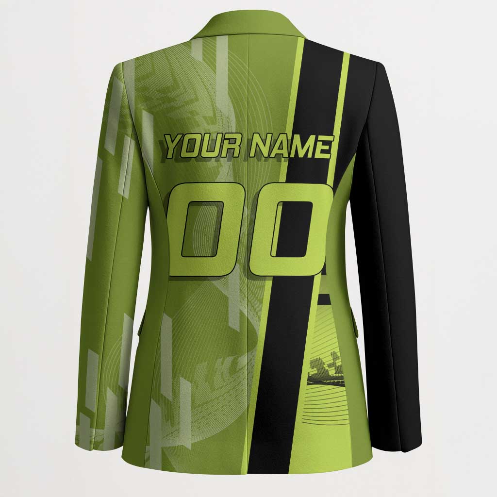 Personalized Gyomei Himejima Demon Slayer Badminton Blazer with Racket Action Pose and Green Black Graphic Design - The Mazicc