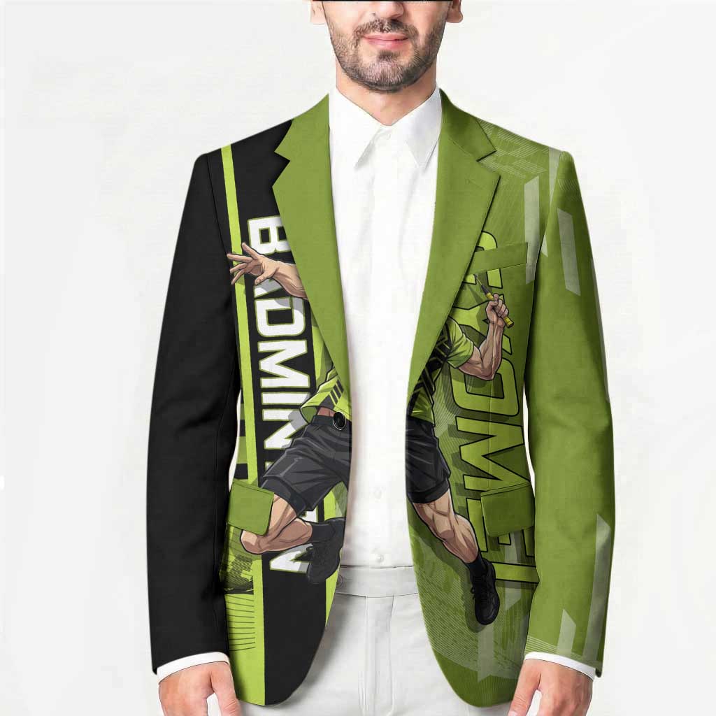 Personalized Gyomei Himejima Demon Slayer Badminton Blazer with Racket Action Pose and Green Black Graphic Design - The Mazicc