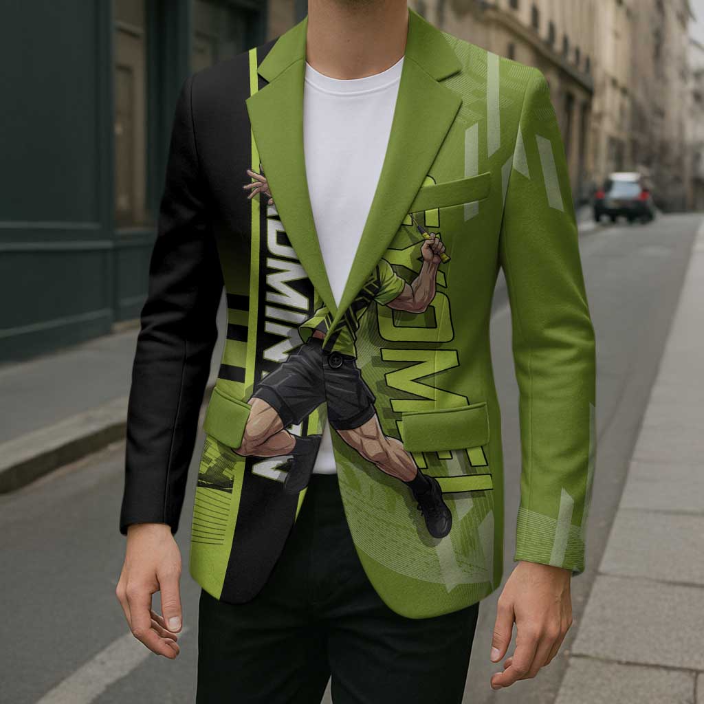 Personalized Gyomei Himejima Demon Slayer Badminton Blazer with Racket Action Pose and Green Black Graphic Design - The Mazicc