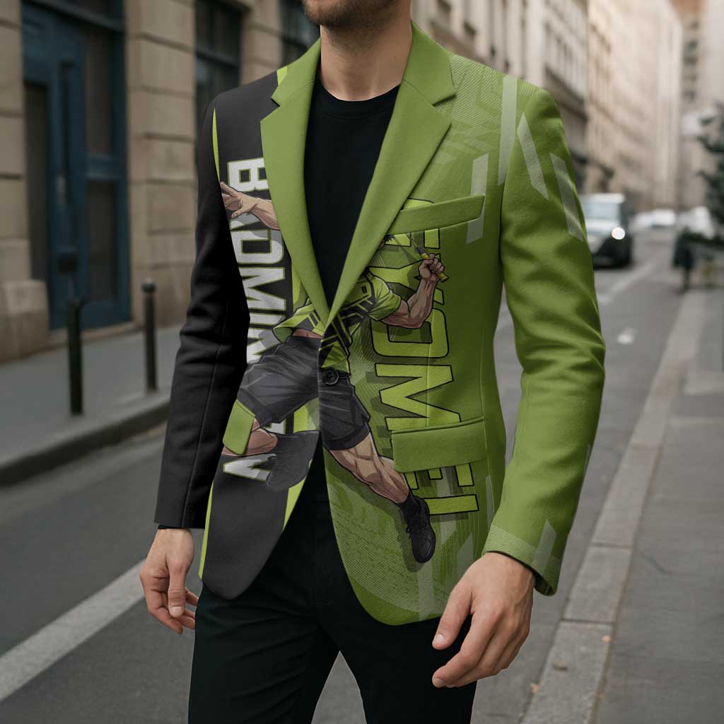 Personalized Gyomei Himejima Demon Slayer Badminton Blazer with Racket Action Pose and Green Black Graphic Design - The Mazicc