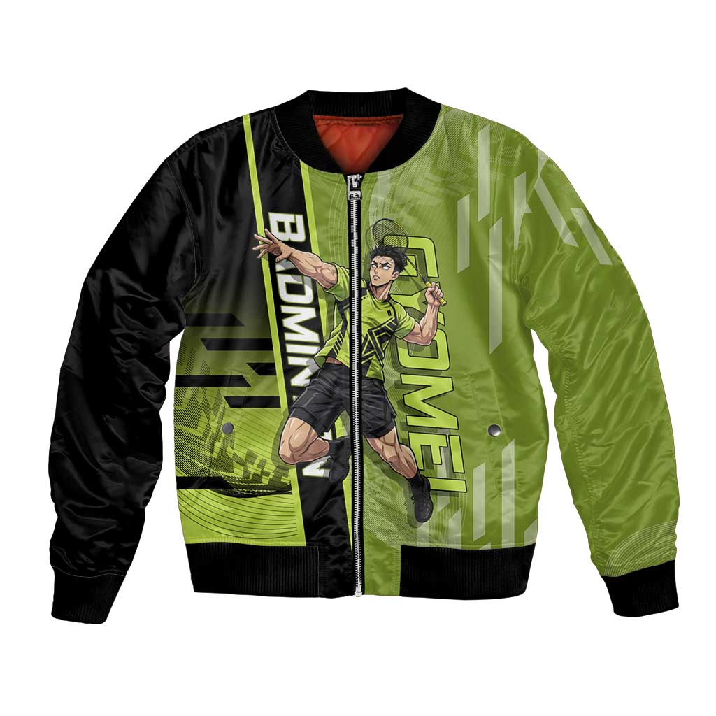 Personalized Gyomei Himejima Demon Slayer Badminton Bomber Jacket with Racket Action Pose and Green Black Graphic Design - The Mazicc
