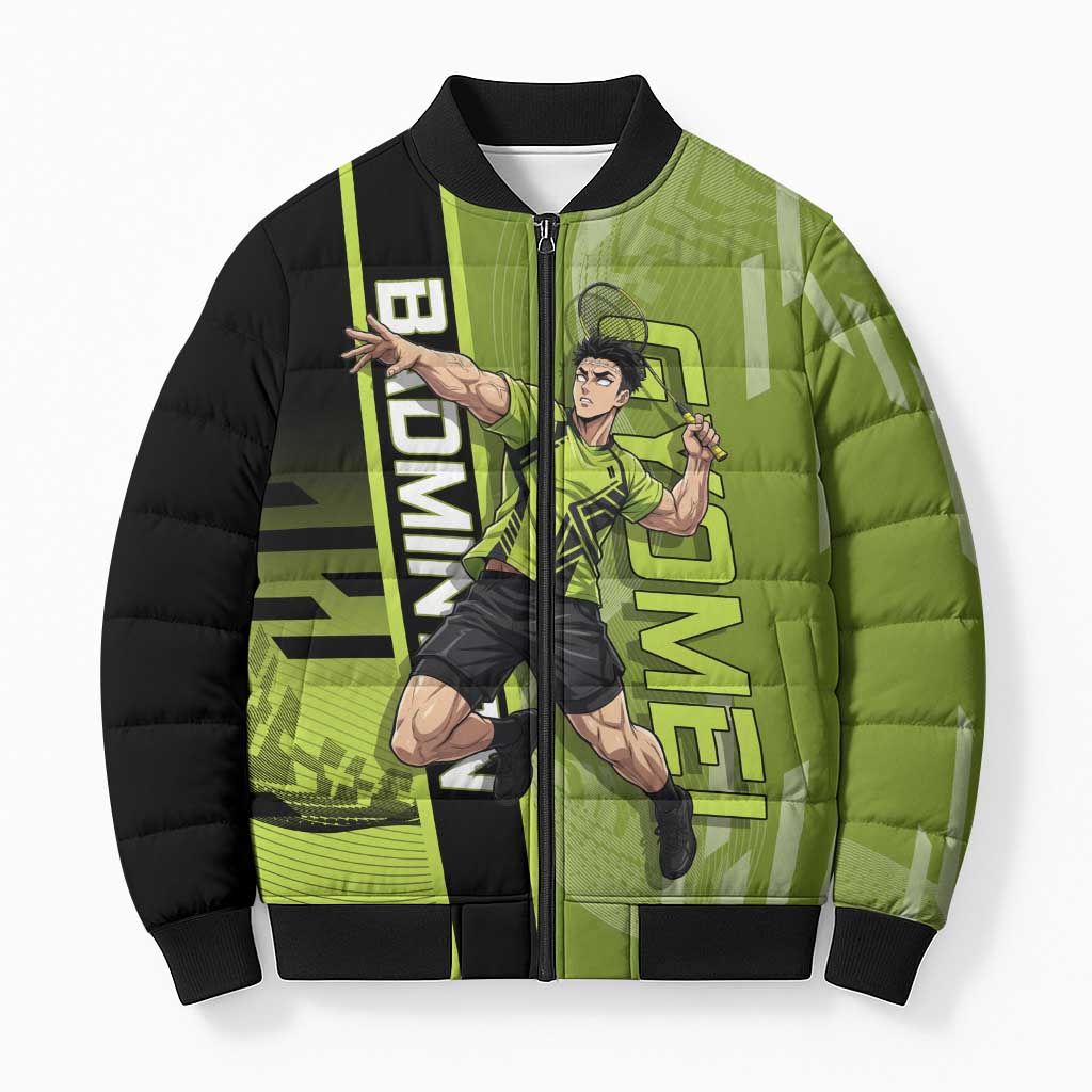 Personalized Gyomei Himejima Demon Slayer Badminton Bomber Puffer Jacket with Racket Action Pose and Green Black Graphic Design - The Mazicc