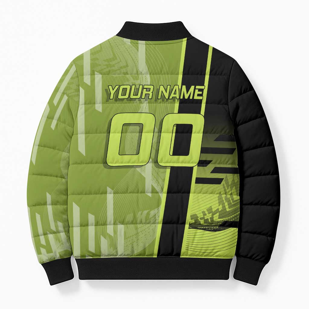 Personalized Gyomei Himejima Demon Slayer Badminton Bomber Puffer Jacket with Racket Action Pose and Green Black Graphic Design - The Mazicc
