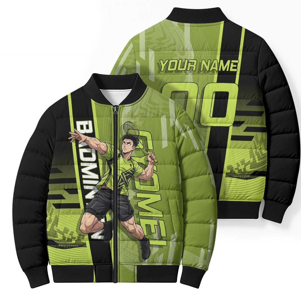 Personalized Gyomei Himejima Demon Slayer Badminton Bomber Puffer Jacket with Racket Action Pose and Green Black Graphic Design - The Mazicc
