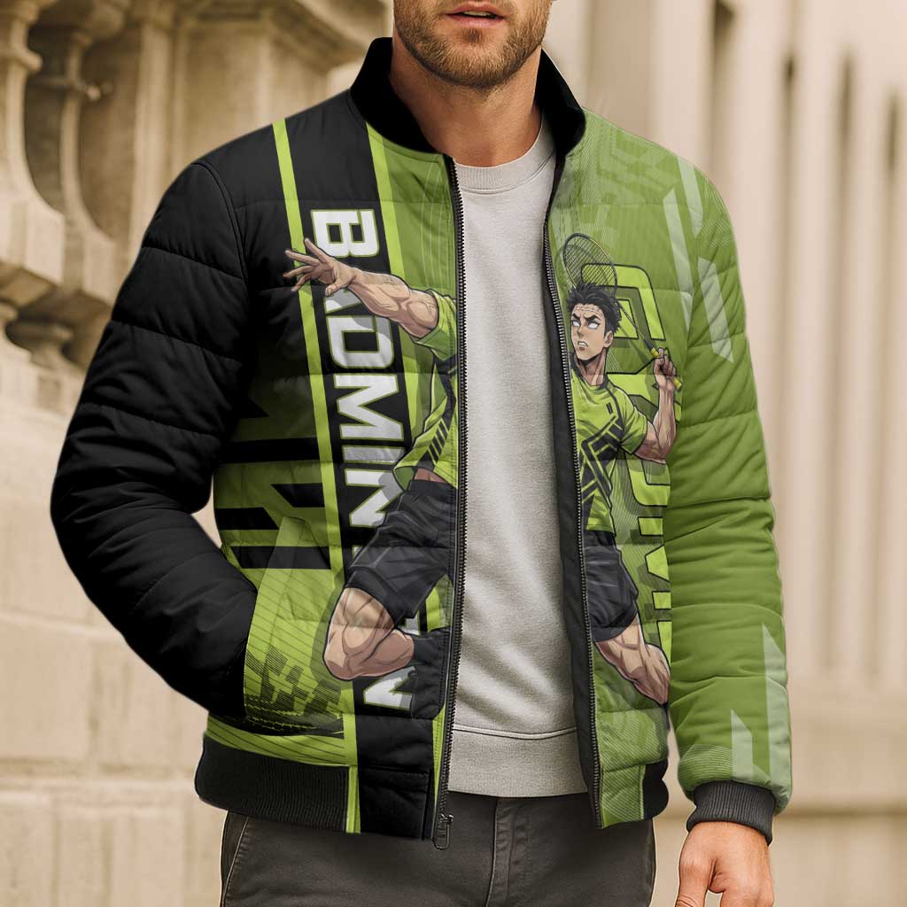 Personalized Gyomei Himejima Demon Slayer Badminton Bomber Puffer Jacket with Racket Action Pose and Green Black Graphic Design - The Mazicc