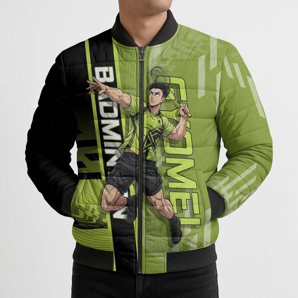 Personalized Gyomei Himejima Demon Slayer Badminton Bomber Puffer Jacket with Racket Action Pose and Green Black Graphic Design - The Mazicc