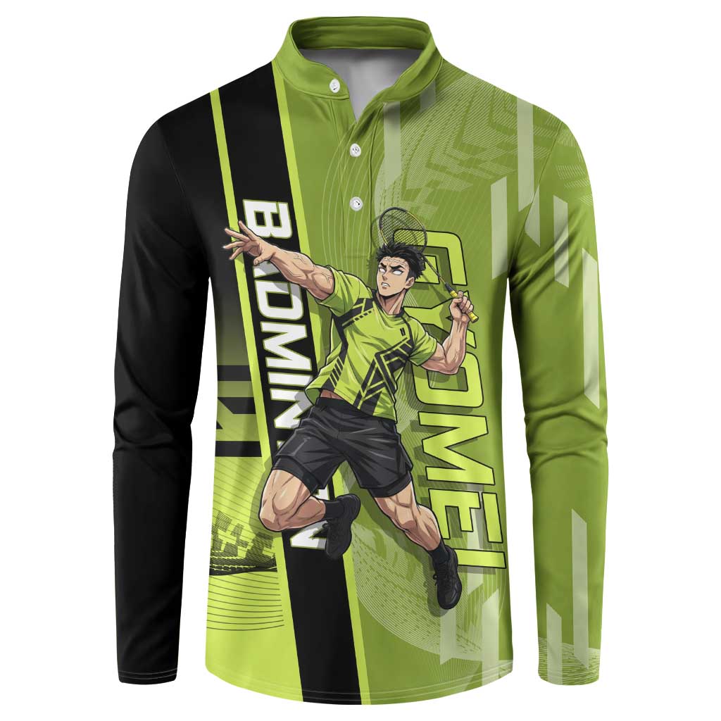 Personalized Gyomei Himejima Demon Slayer Badminton Button Sweatshirt with Racket Action Pose and Green Black Graphic Design - The Mazicc