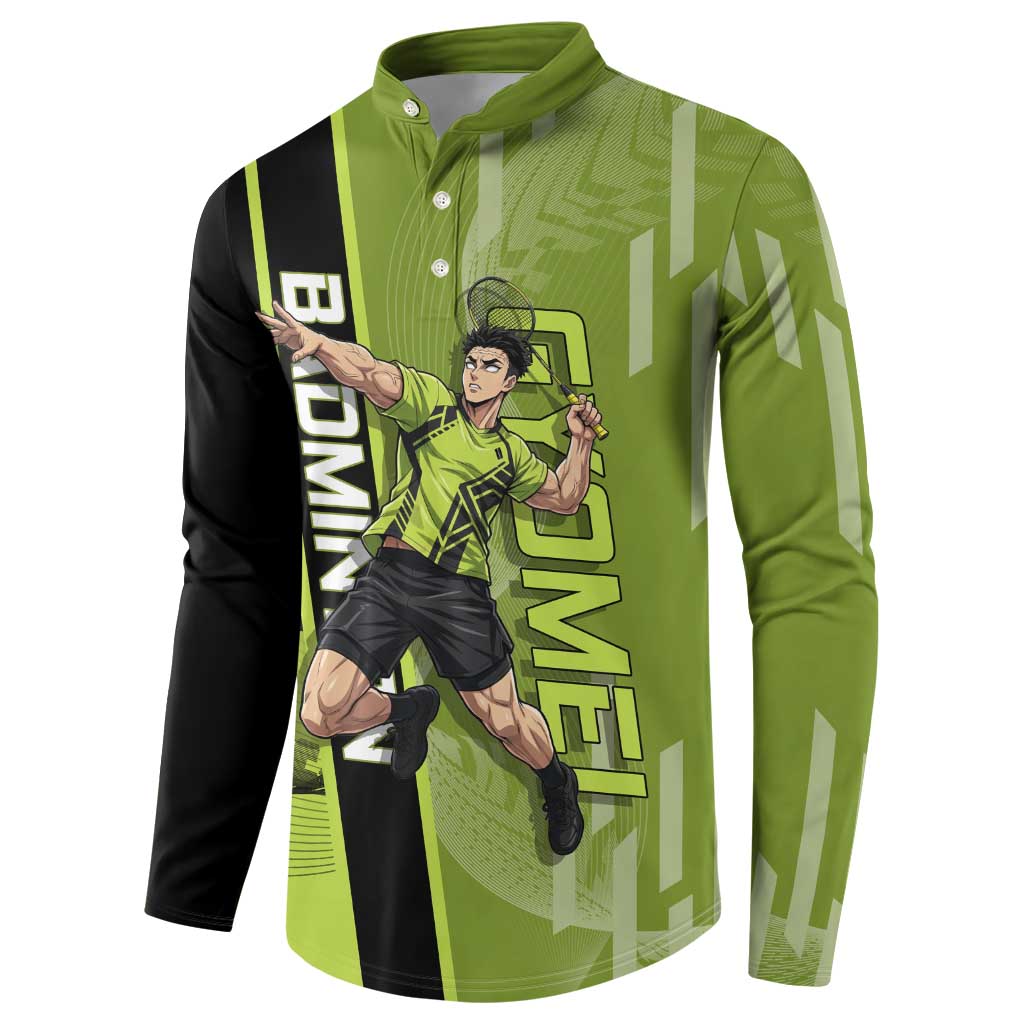 Personalized Gyomei Himejima Demon Slayer Badminton Button Sweatshirt with Racket Action Pose and Green Black Graphic Design - The Mazicc