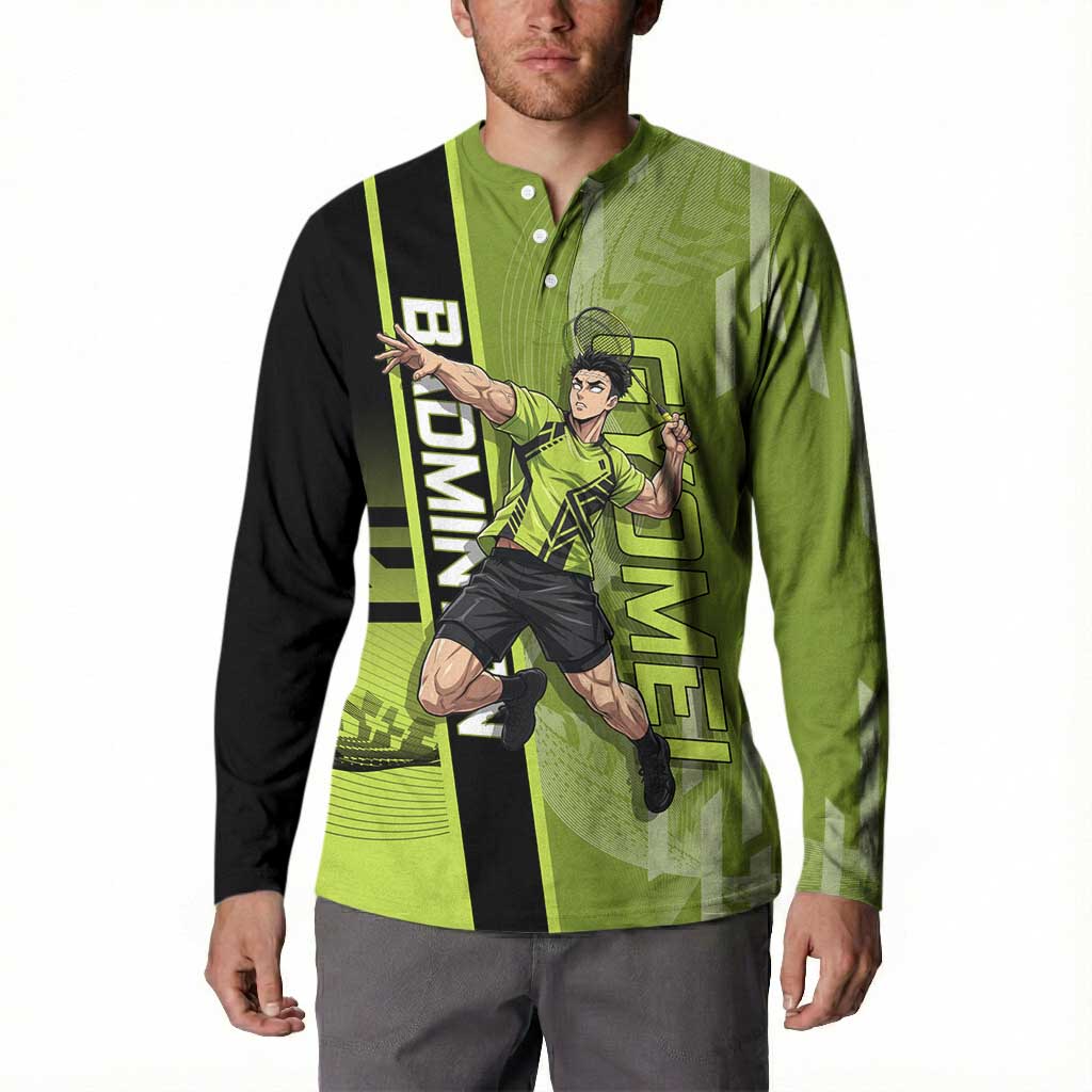Personalized Gyomei Himejima Demon Slayer Badminton Button Sweatshirt with Racket Action Pose and Green Black Graphic Design - The Mazicc