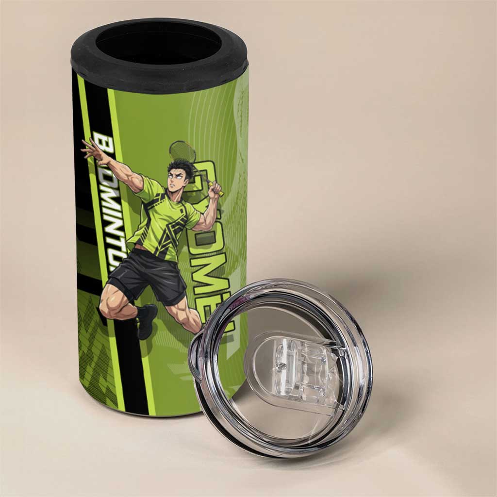 Personalized Gyomei Himejima Demon Slayer Badminton 4 in 1 Can Cooler Tumbler with Racket Action Pose and Green Black Graphic Design - The Mazicc