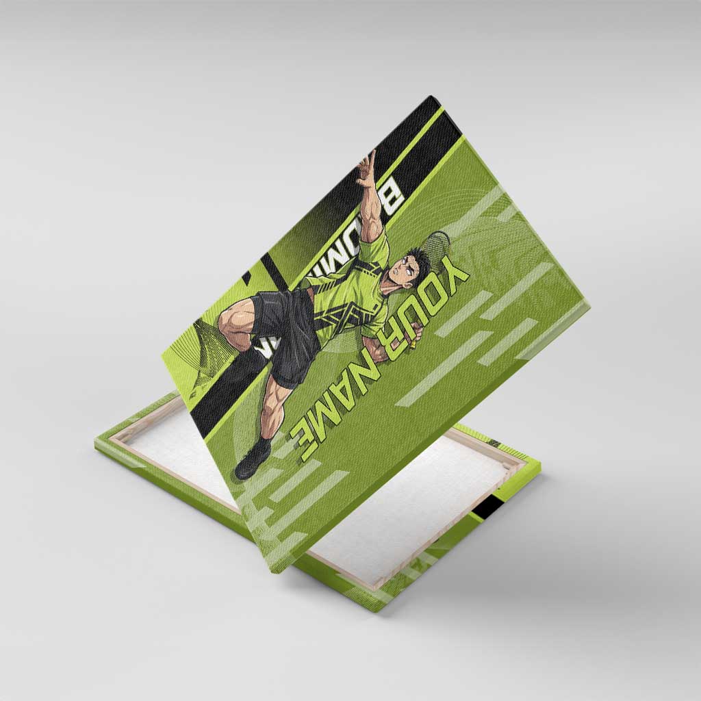 Personalized Gyomei Himejima Demon Slayer Badminton Canvas Wall Art with Racket Action Pose and Green Black Graphic Design - The Mazicc