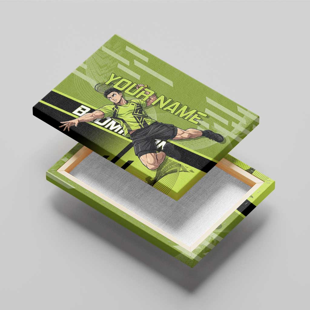 Personalized Gyomei Himejima Demon Slayer Badminton Canvas Wall Art with Racket Action Pose and Green Black Graphic Design - The Mazicc