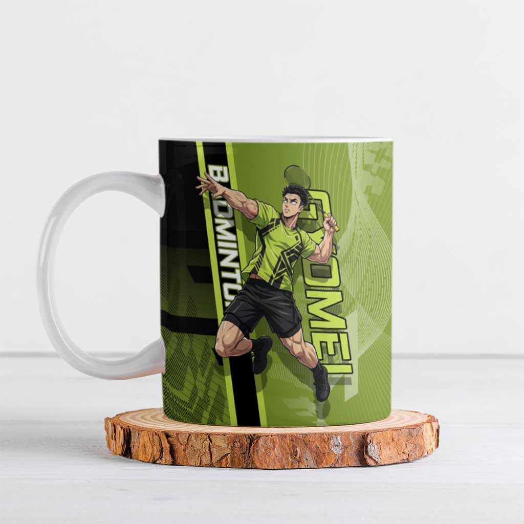 Personalized Gyomei Himejima Demon Slayer Badminton Ceramic Mug with Racket Action Pose and Green Black Graphic Design - The Mazicc