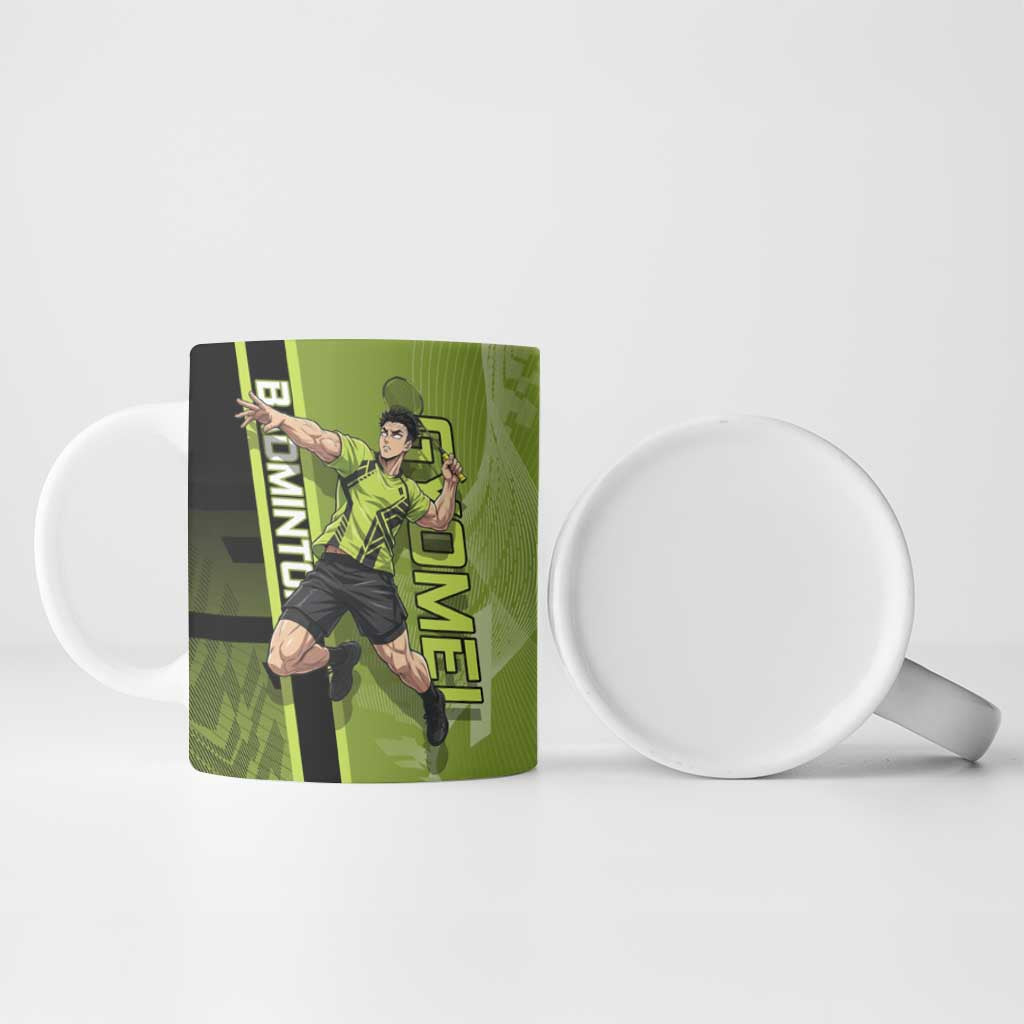 Personalized Gyomei Himejima Demon Slayer Badminton Ceramic Mug with Racket Action Pose and Green Black Graphic Design - The Mazicc