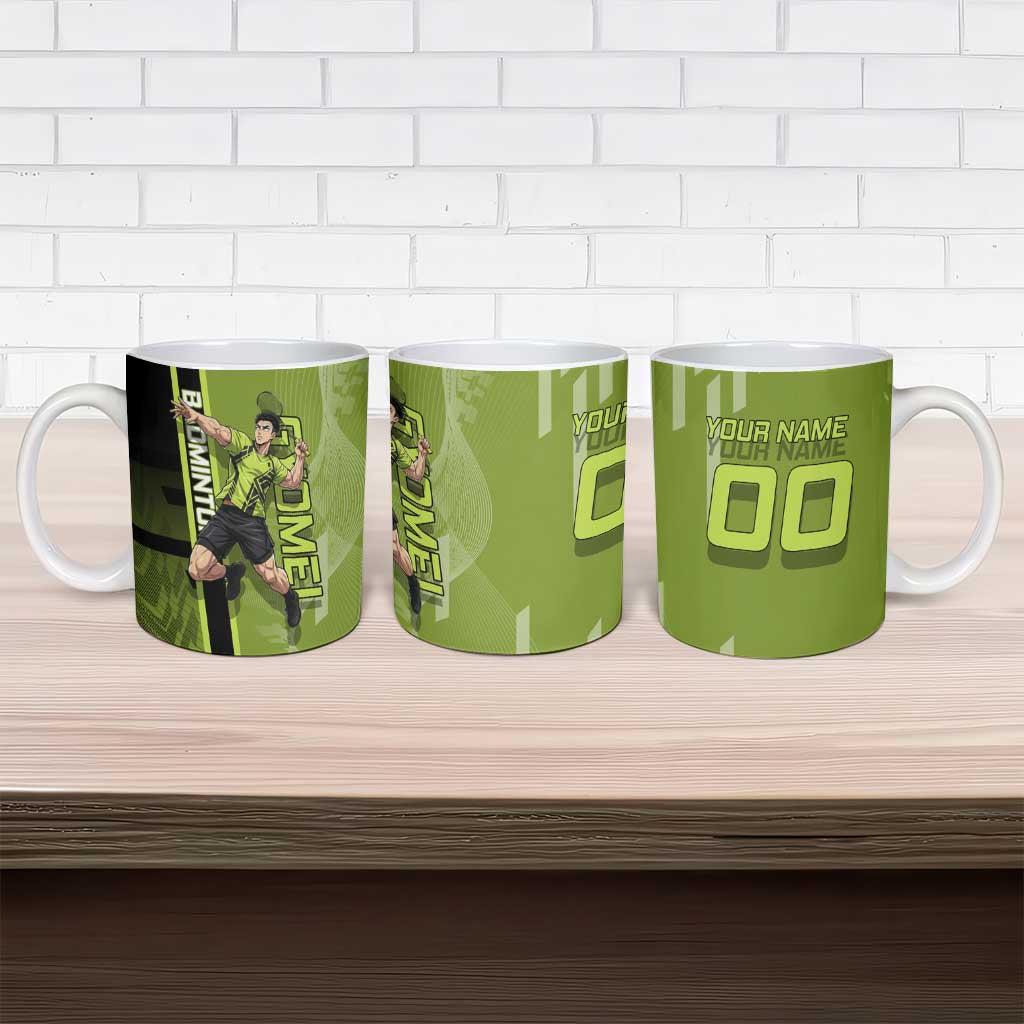 Personalized Gyomei Himejima Demon Slayer Badminton Ceramic Mug with Racket Action Pose and Green Black Graphic Design - The Mazicc