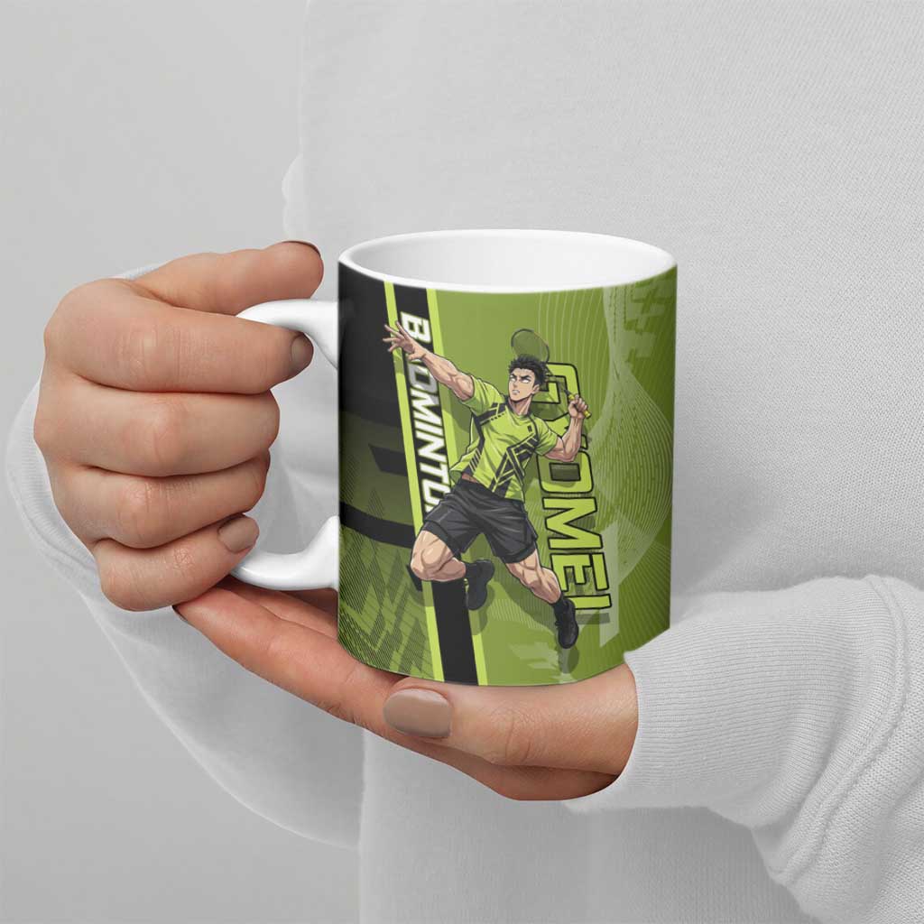 Personalized Gyomei Himejima Demon Slayer Badminton Ceramic Mug with Racket Action Pose and Green Black Graphic Design - The Mazicc