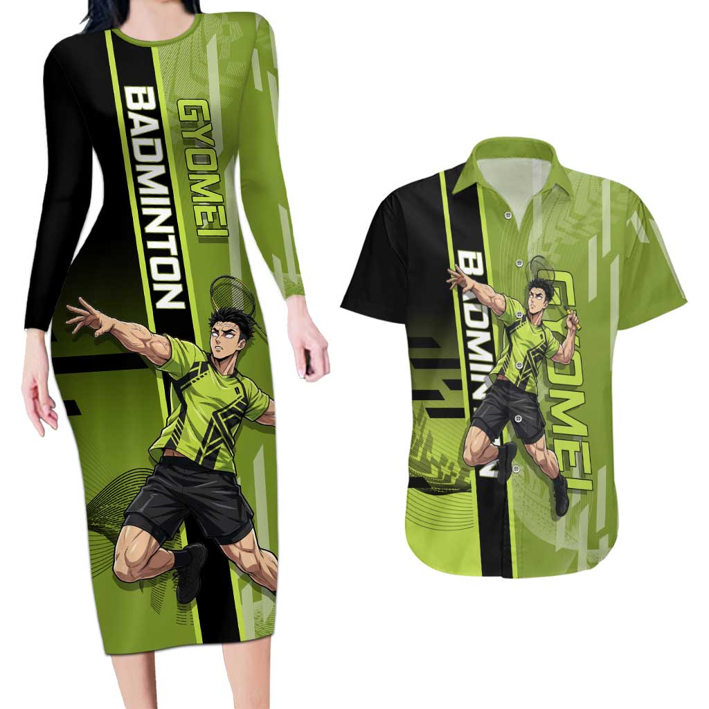 Personalized Gyomei Himejima Demon Slayer Badminton Couples Matching Long Sleeve Bodycon Dress and Hawaiian Shirt with Racket Action Pose and Green Black Graphic Design - The Mazicc