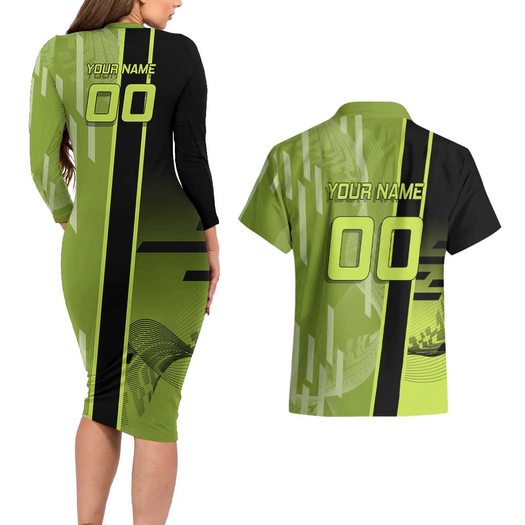 Personalized Gyomei Himejima Demon Slayer Badminton Couples Matching Long Sleeve Bodycon Dress and Hawaiian Shirt with Racket Action Pose and Green Black Graphic Design - The Mazicc