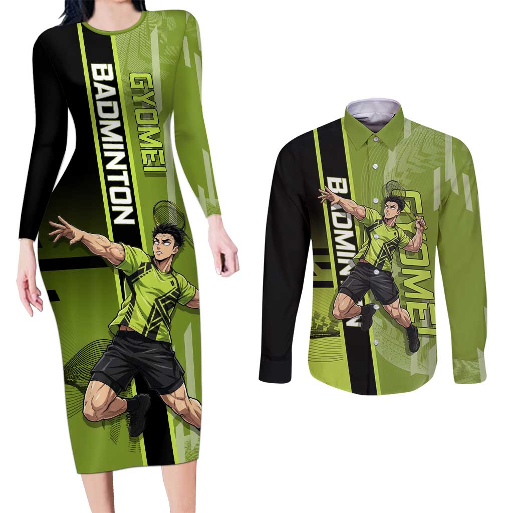 Personalized Gyomei Himejima Demon Slayer Badminton Couples Matching Long Sleeve Bodycon Dress and Long Sleeve Button Shirt with Racket Action Pose and Green Black Graphic Design - The Mazicc