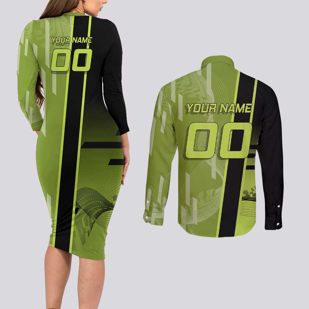 Personalized Gyomei Himejima Demon Slayer Badminton Couples Matching Long Sleeve Bodycon Dress and Long Sleeve Button Shirt with Racket Action Pose and Green Black Graphic Design - The Mazicc