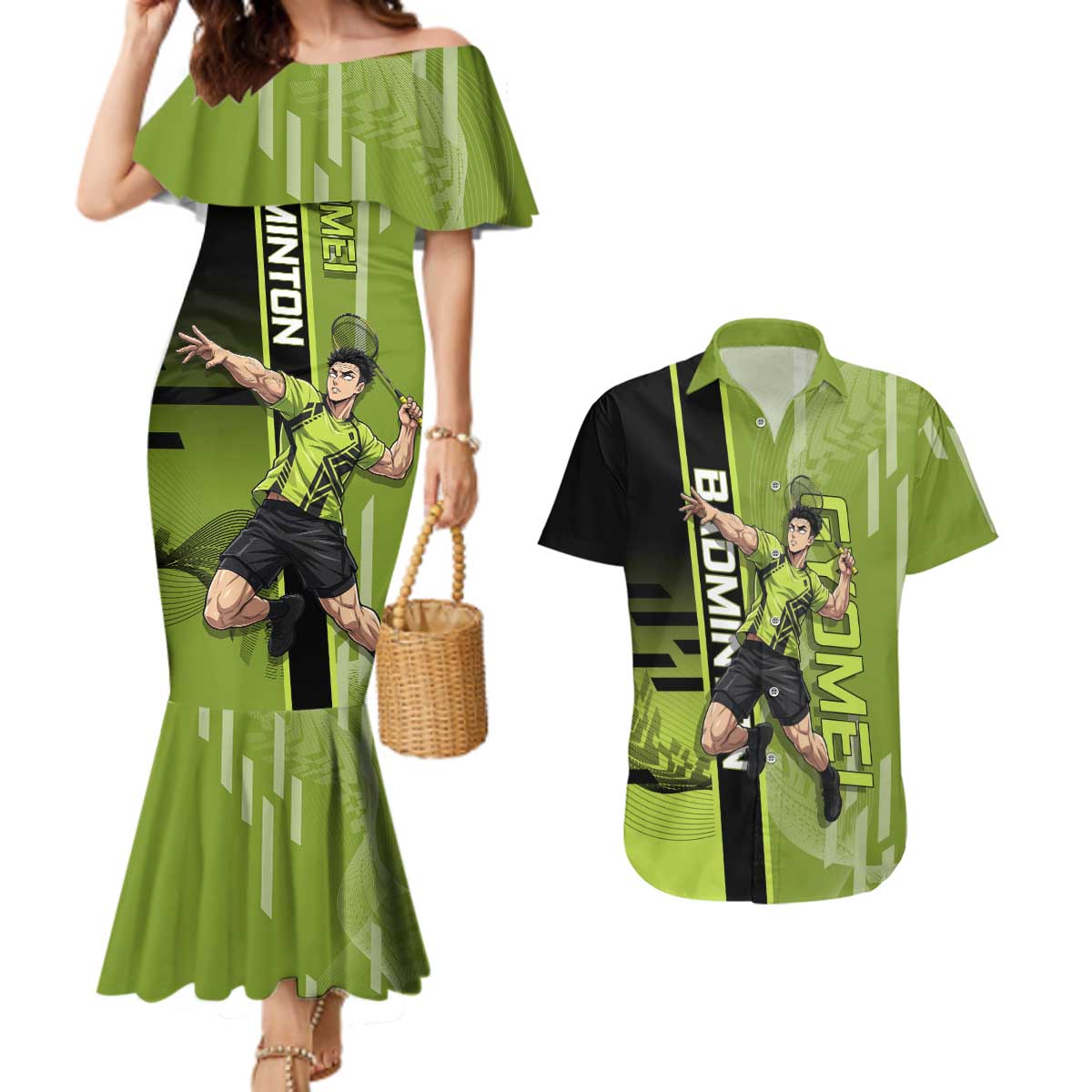 Personalized Gyomei Himejima Demon Slayer Badminton Couples Matching Mermaid Dress and Hawaiian Shirt with Racket Action Pose and Green Black Graphic Design - The Mazicc