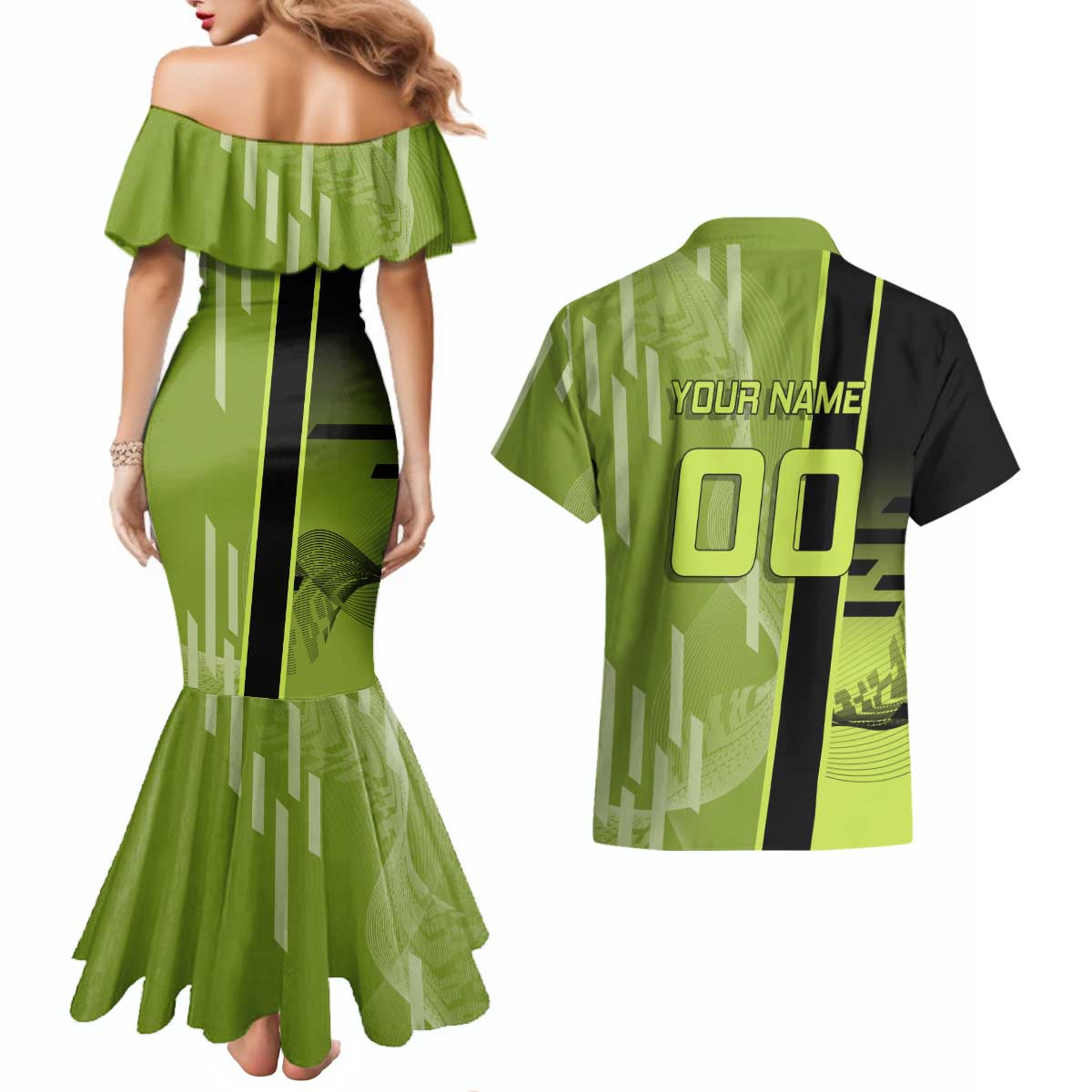 Personalized Gyomei Himejima Demon Slayer Badminton Couples Matching Mermaid Dress and Hawaiian Shirt with Racket Action Pose and Green Black Graphic Design - The Mazicc