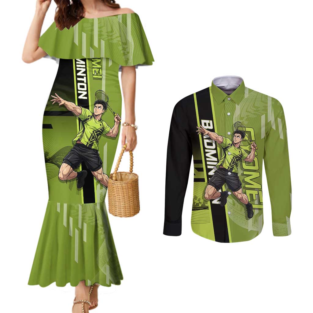 Personalized Gyomei Himejima Demon Slayer Badminton Couples Matching Mermaid Dress and Long Sleeve Button Shirt with Racket Action Pose and Green Black Graphic Design - The Mazicc